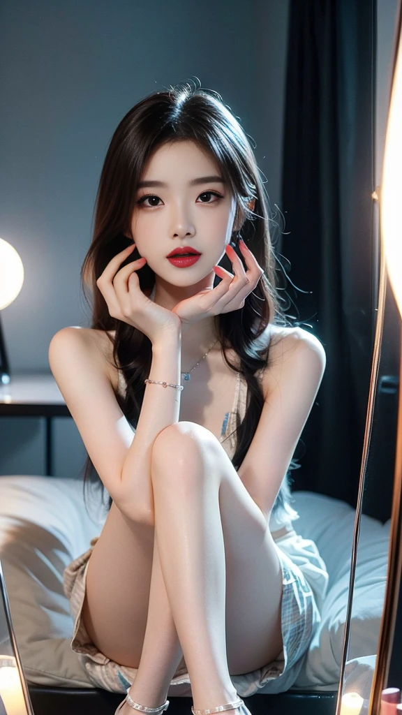 high quality, realistic, 1 Korean woman, Very pretty face, slim and nice body, sexy top, mini skirt, sandals high heels, Luxury Bags, Sitting in front of the mirror in her room and doing makeup, manicure, pedicure, nail art, anklet, apply lipstick while looking in the mirror, Sitting with your legs crossed in a sexy way