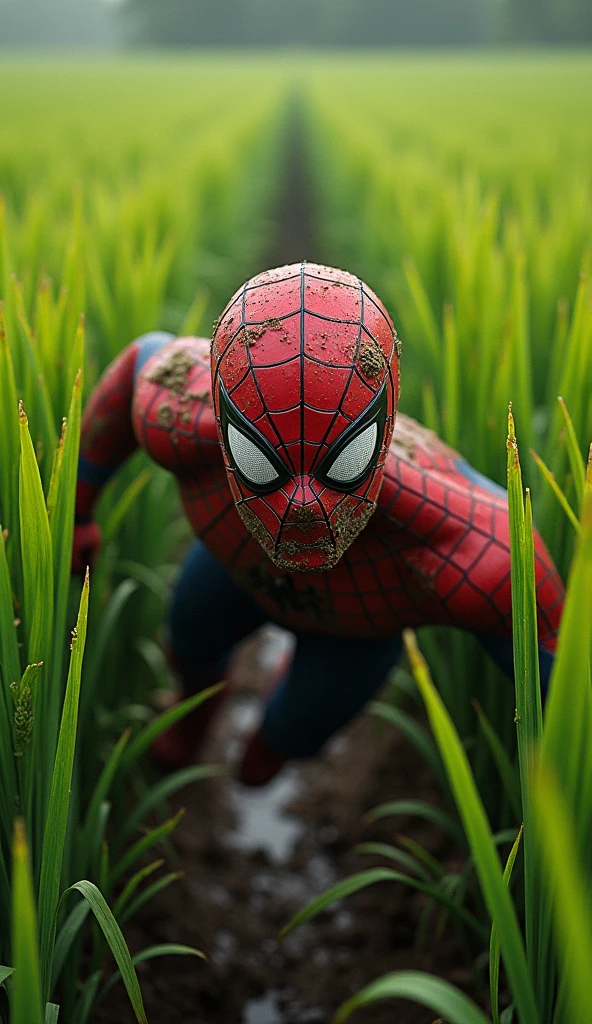 A SPIDERMAN FALLS INTO A FIELD FILLED WITH RICE. Spiderman's face is covered in mud, rice field background with a rural atmosphere