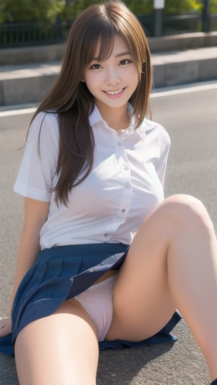 masterpiece, Highest quality, finally, 1 girl, Expressive eyes, Perfect Face, Cute smile, school uniform, (mini skirt) (Crossing your legs), Sexy thighs, Big Breasts、White panties, blue eyes, Short blonde, naked