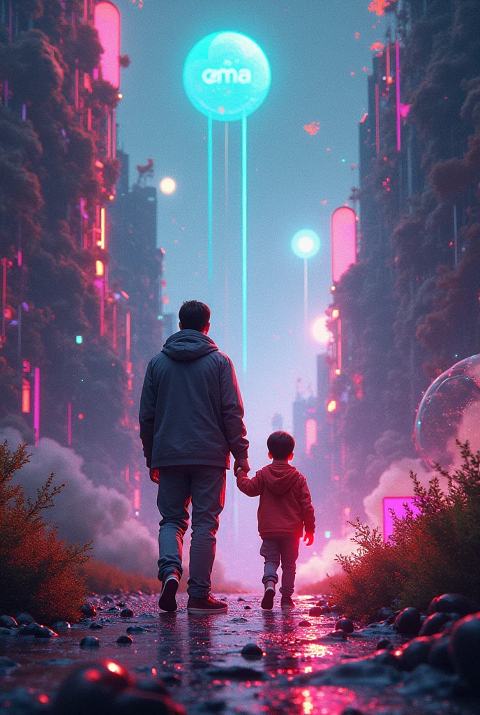 Memes, Surreal, Digital Art,s, Mom, Parent and Child,  Information flow, Cultural transmission, abstract pattern, psychedelic, Neon color, Glitch Art, cyber punk, Cinema Lighting, Super detailed, 8k, Realistic, Volumetric, Ray Tracing, Studio Lighting, Vibrant colors, psychedelic elements, Viral content, Social Media, Cultural phenomenon