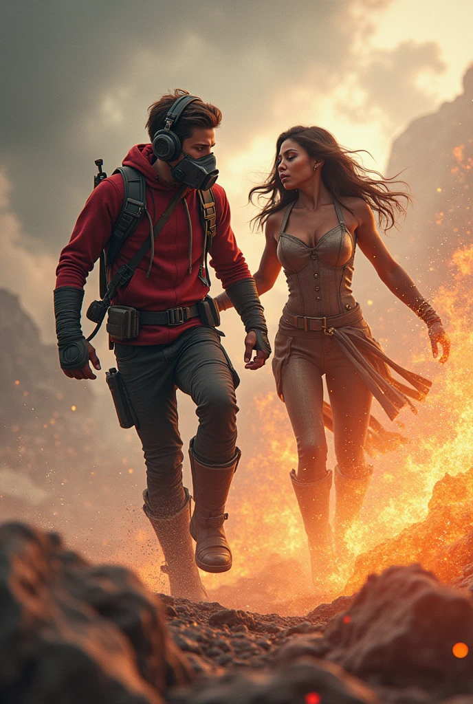kid Star-Lord with red hoodie, Rocket boots, headphones, star-lord helmet, gas helmet, Covered mouth, Round, red eyes & Zendaya big breasts, perfect body, Busty, realistic, power, Kick, Attack, magic rings in the hands, Fighting, power, fiction, full body, 2 persons, magic lasso, hight, fall, fire in boots, powerful spells, realistic, war, ocean, spells, Cayendo del cielo, sleep, hug