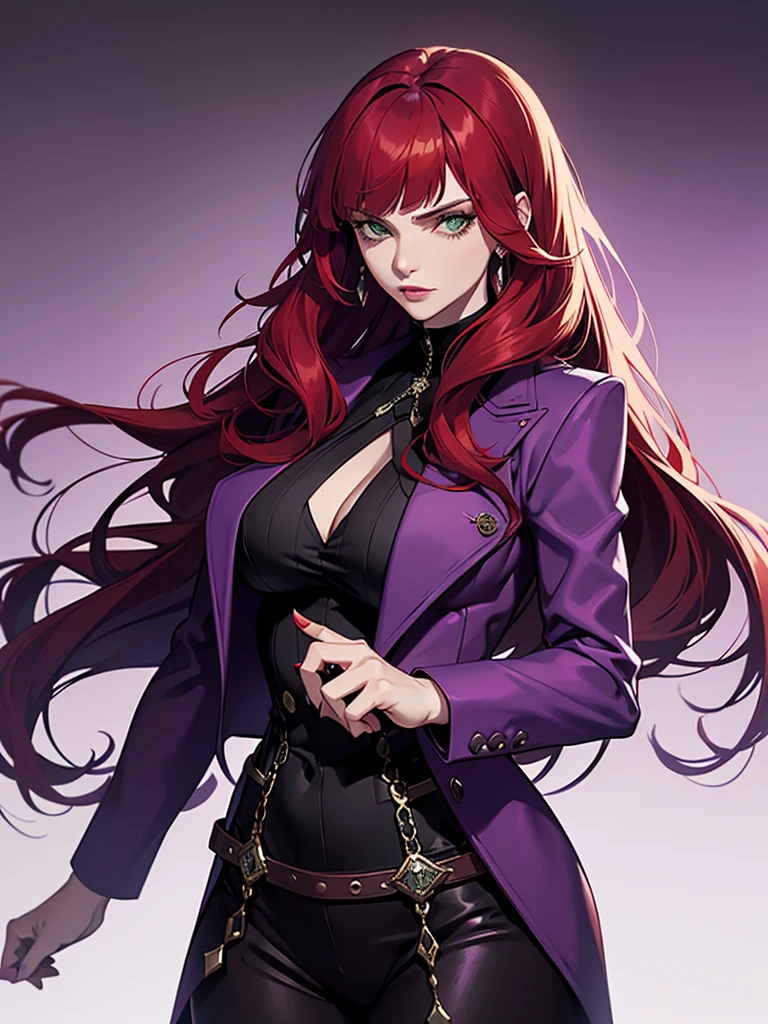 green eyes, red hair with long bangs, noble. ic women, wavy long hair. strong woman. purple jacket. she quiet. wear purple and black outfit. background in luxury mansion. dominaan. mafia. mature woman boss. badass woman. gangster