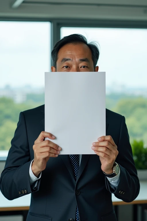 A 40-year-old Japanese office worker looks into the camera. Uncle smiled brightly, holding a job application form covering half of his face. His eyes flashed with shyness.. Behind him is the office scene with a window view overlooking the park next to the sea.. Real person photo.