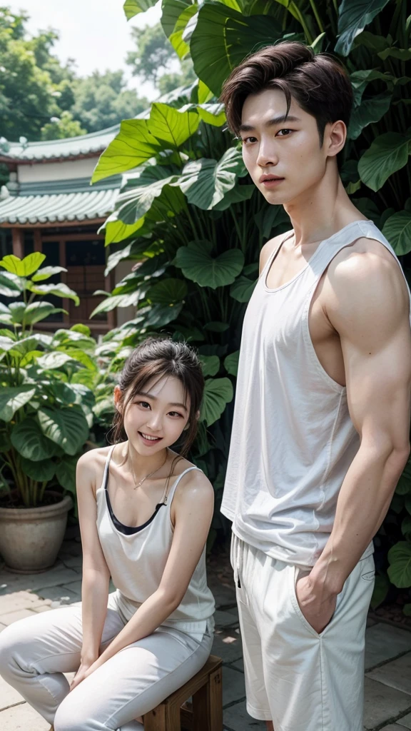 A beautiful Korean woman wearing a white tank top, he sat down in fear, both of his hands unbuttoned his torn pants, there is a handsome man, wearing a white t-shirt, wearing shorts, the man is holding a cucumber, laugh, the man stood in front of the man. Banana garden background