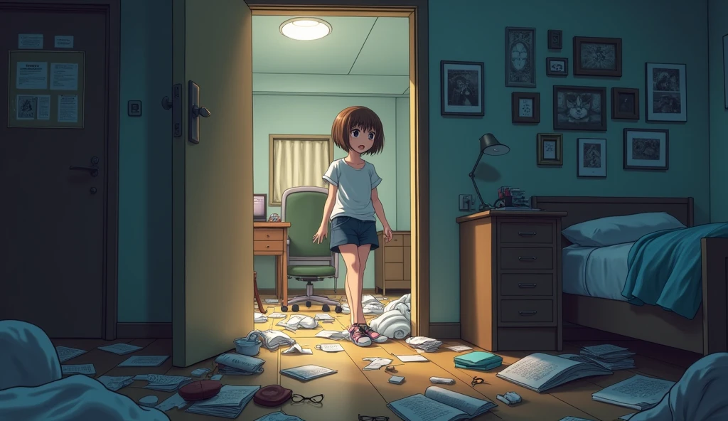 An anime image of a young woman with short brown hair opening the door to her dorm room to find a mess inside. Items are scattered all over the floor and the door is open. Amidst the mess, a pair of glasses are found on the floor. The young woman begins to look aware of the unusual event and shows a shocked and worried expression as she surveys the situation."