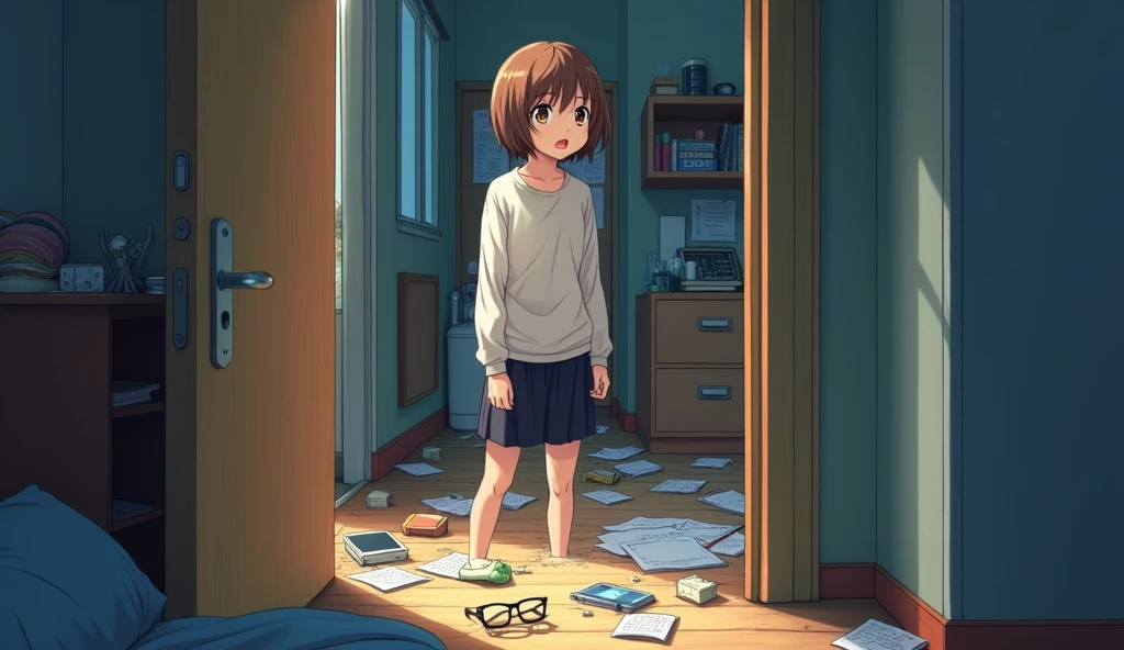 An anime image of a young woman with short brown hair opening the door to her dorm room to find a mess inside. Items are scattered all over the floor and the door is open. Amidst the mess, a pair of glasses are found on the floor. The young woman begins to look aware of the unusual event and shows a shocked and worried expression as she surveys the situation."