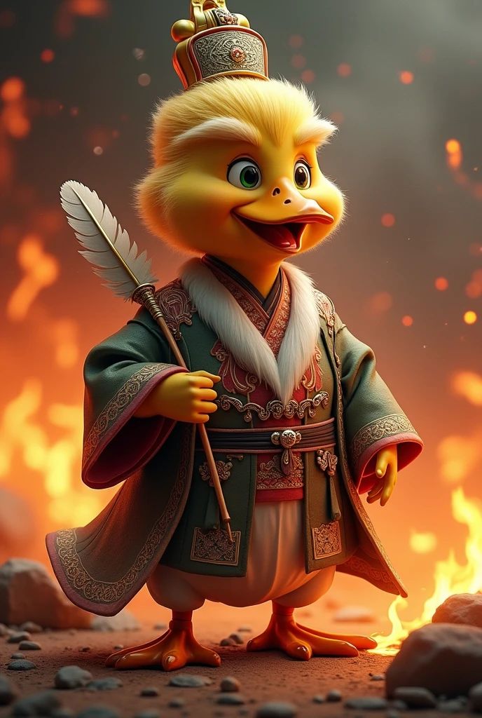 Duck head with donald trump hairstyle on a zhuge liang body, wearing zhuge liang outfit, holding zhuge liang feather fan, fire everywhere