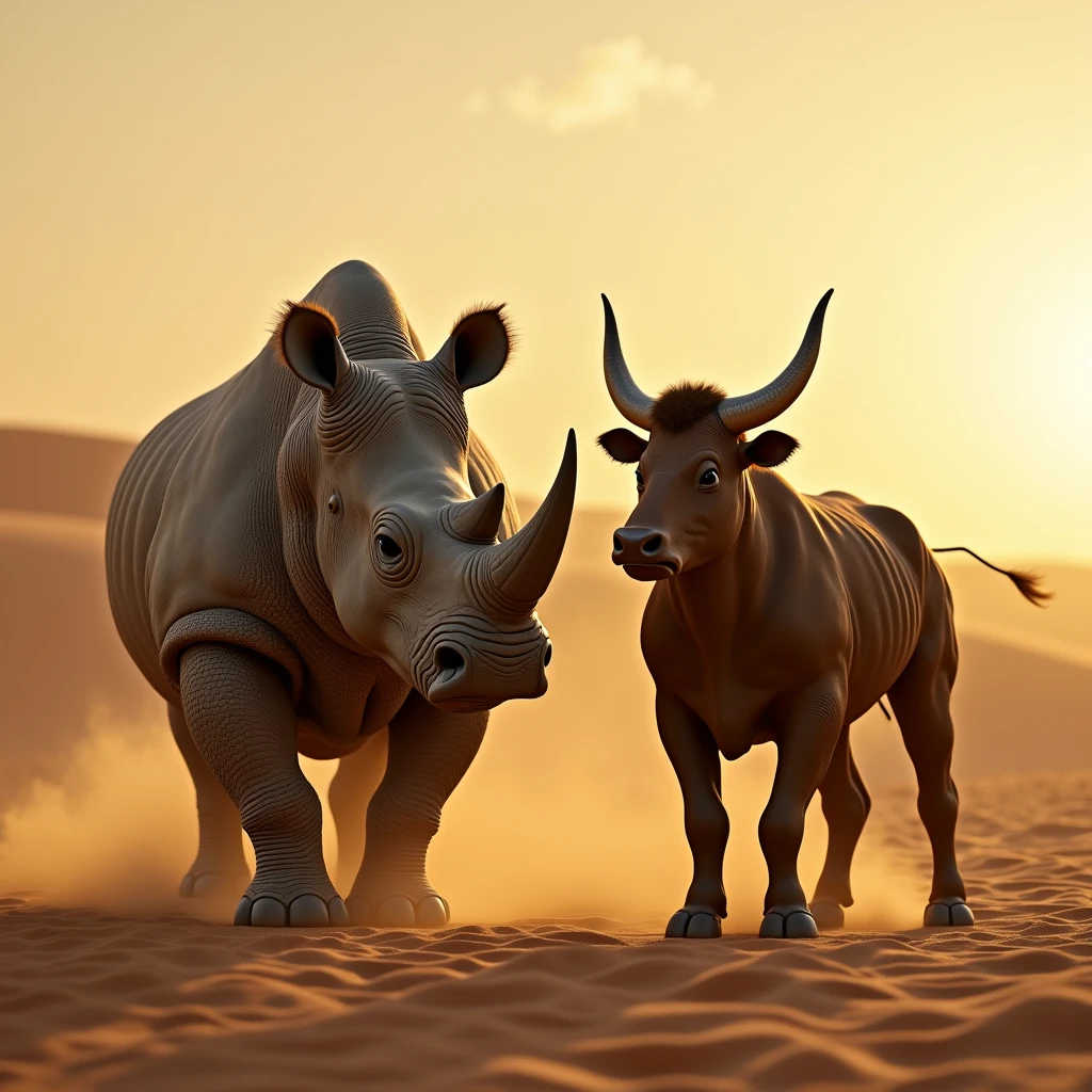 Realistic rhino and bull), majestic animals, fierce expressions, united in harmony, an empty desert landscape, golden sand dunes, sun setting on horizon, warm hues of orange and yellow, soft shadows, serene atmosphere, ultra-detailed fur textures, captivating eyes, high quality, vivid imagery, cinematic clarity, highlighting the beauty of nature.