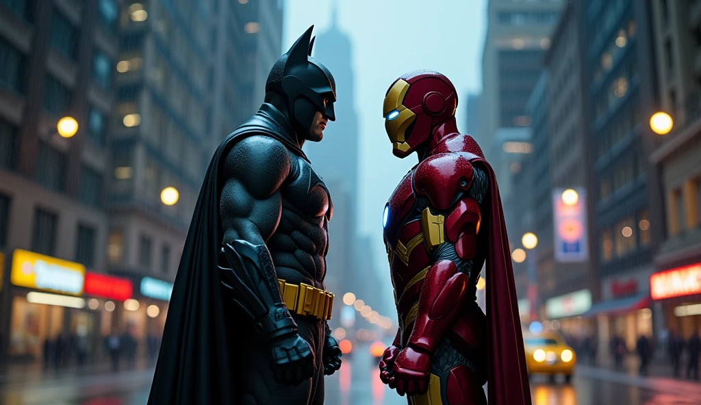 In a rainy night of New York city background batman and iron man stand next to each other in a 3D dope heroic posses