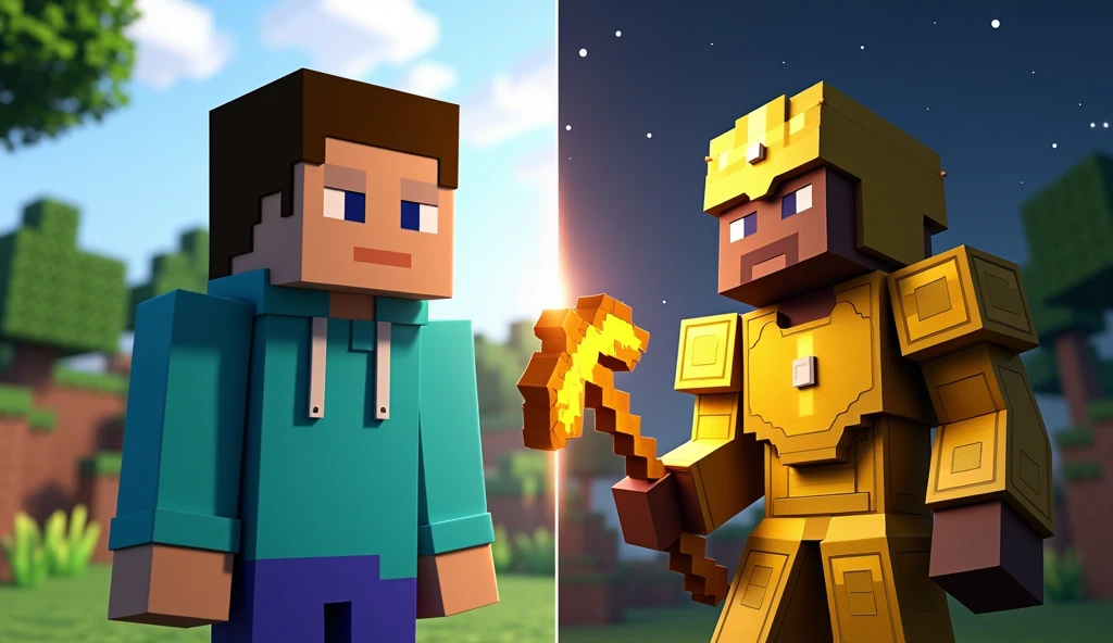 "Create a 16:9 split-screen image featuring two Minecraft characters facing forward. In the first half, a character wearing a blue hoodie stands with empty hands in a vibrant, daylight Minecraft world with lush trees and a stunning landscape. The scene is colorful and inviting. In the second half, a different character is fully dressed in shining golden armor, holding a golden pickaxe. The background is a beautiful Minecraft world at night, with a starry sky and enchanting lighting, creating a striking and eye-catching contrast."