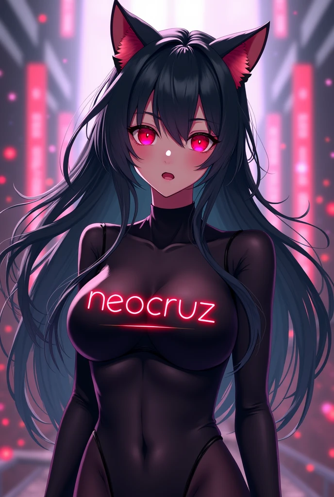 Girl with long black hair , with bangs and red eyes, cat ears, Collections ,with a lot of bust and that is in a game arena in the grandstand corridor , with the nickname "neocruz" written on the black blouse with a heart
