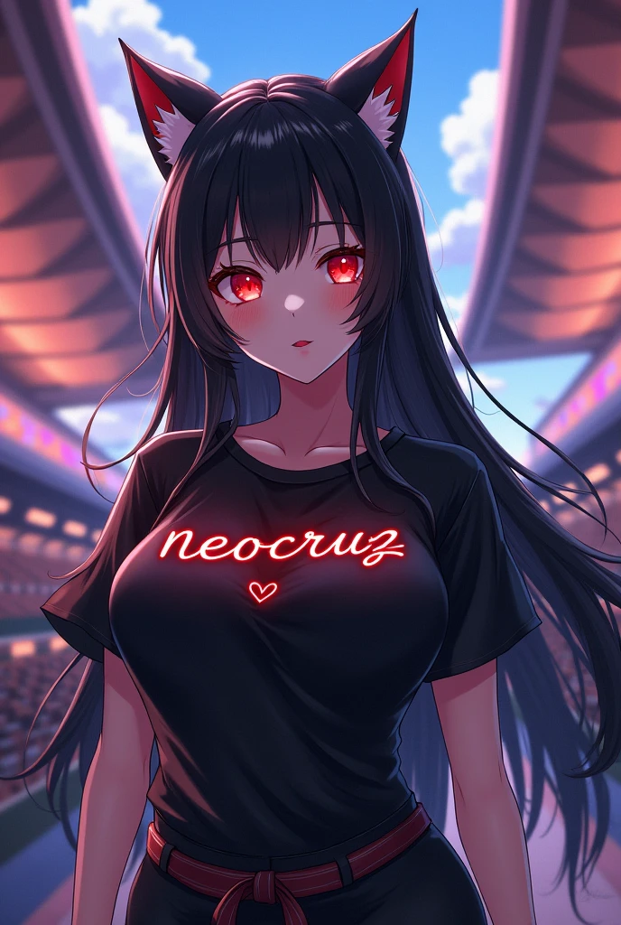 Girl with long black hair , with bangs and red eyes, cat ears, Collections ,with a lot of bust and that is in a game arena in the grandstand corridor , with the nickname "neocruz" written on the black blouse with a heart