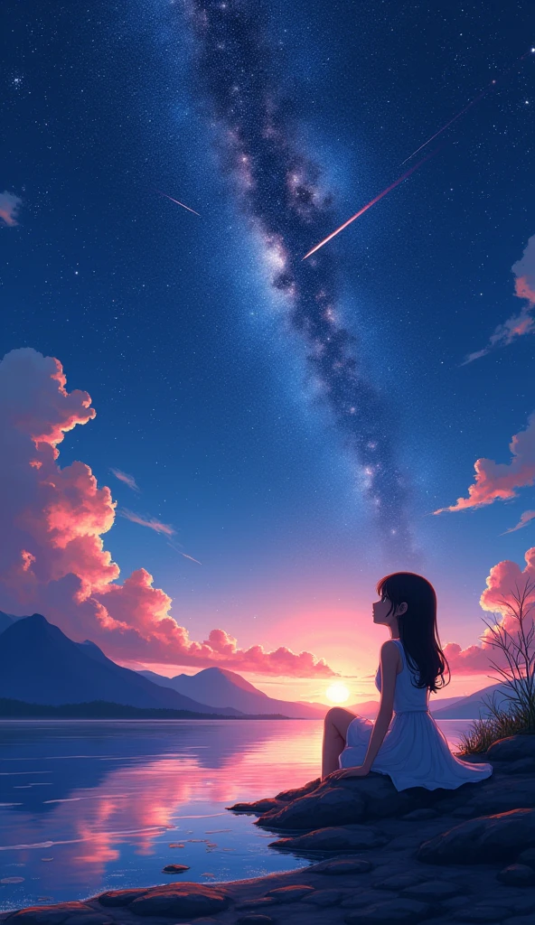 beautiful landscape, seafront, a girl sitting on seafront looking at sky, dark sky, stars, moon, shooting stars, red clouds, background mountain, Still water reflections, Picturesque, idyllic, work of art, best quality, extremely detailed, anime styling, luxury effect, colorful, shiny, oily effects, 8k