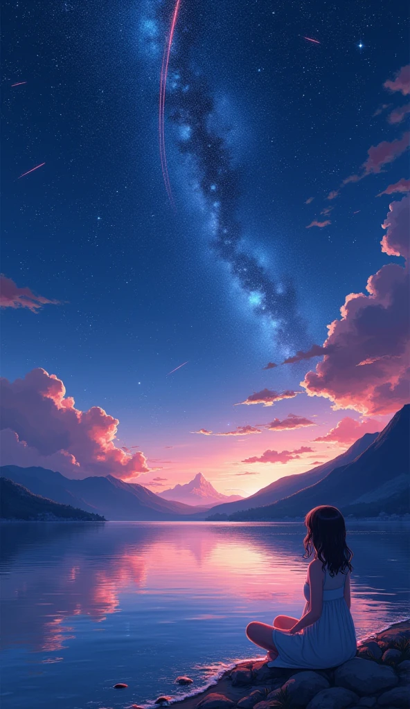beautiful landscape, seafront, a girl sitting on seafront looking at sky, dark sky, stars, moon, shooting stars, red clouds, background mountain, Still water reflections, Picturesque, idyllic, work of art, best quality, extremely detailed, anime styling, luxury effect, colorful, shiny, oily effects, 8k