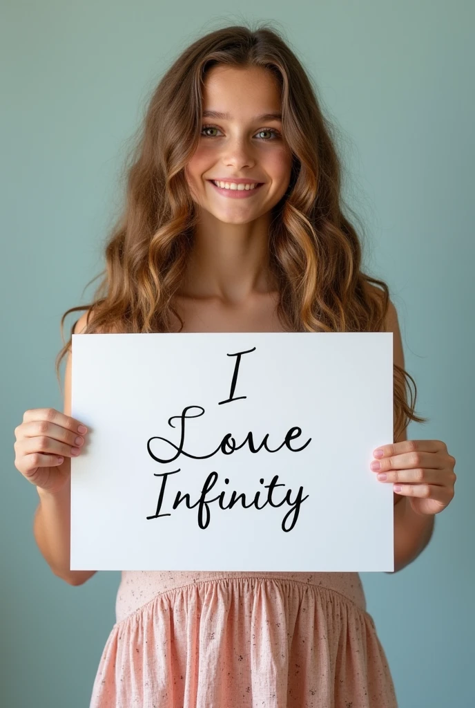 Beautiful girl with wavy long hair, bohemian dress, holding a white board with text "I Love Seaart Infinity" and showing it to the viewer