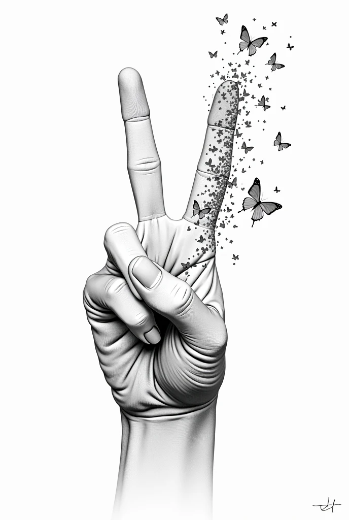 drawing hiperrealista de mano abierta con dedo índice y dedo medio transformándose en fragmentos y mariposas, the rest of the hand remains normal, hand position in peace sign, black and white color, Front view, defined lines style, drawing.