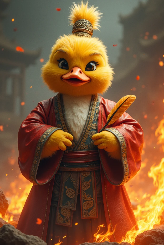 Duck head with donald trump hairstyle on a zhuge liang body, wearing zhuge liang outfit, holding zhuge liang feather fan, fire everywhere