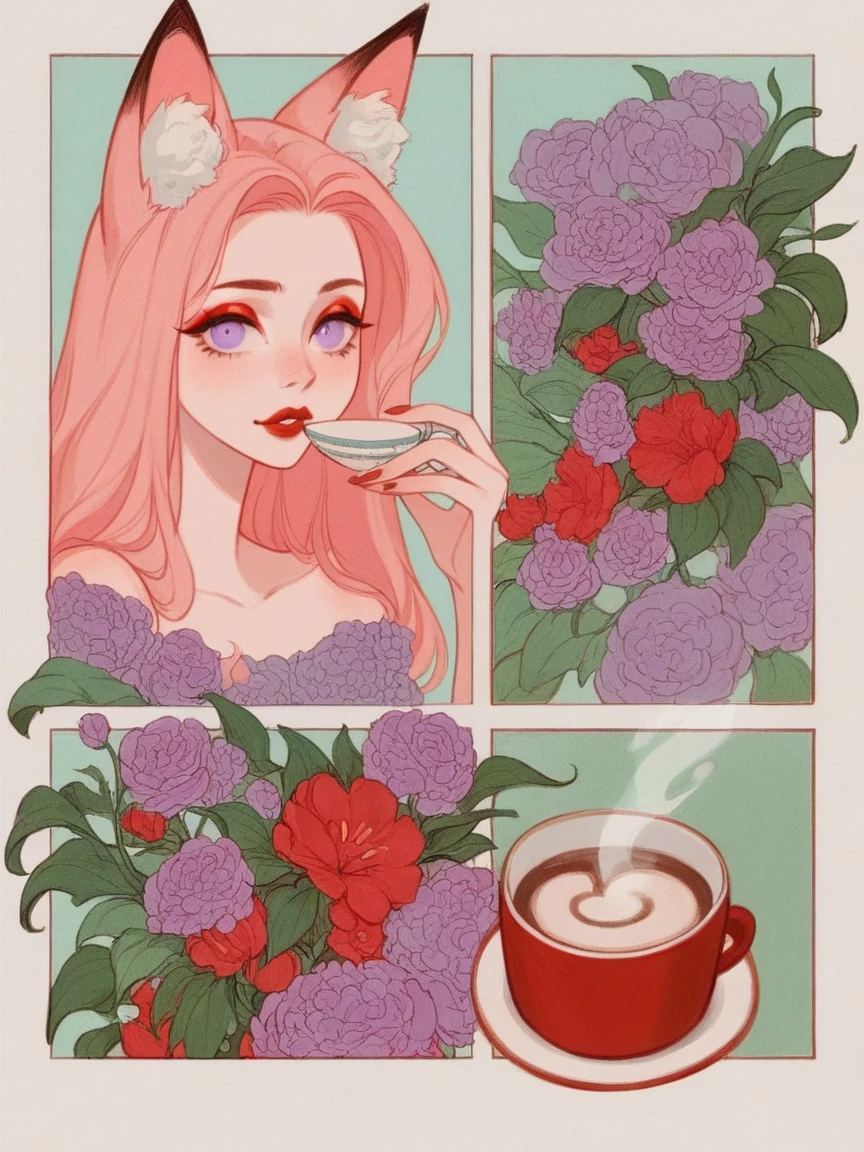score_9, score_8_up, score_7_up, score_6_up, p4n3ls, 1girl, coffee, flowers, long hair, panels, White skin, (Fox ears), looking at viewer, doe eyes, Exquisite eyes,Red Eyeshadow, Red lips, Ukiyo-e, masterpiece, high quality, at the lowest limit, Tiny,,Bare shoulders, Hair color (light lilac)short, lavender eye color, aesthetic panels