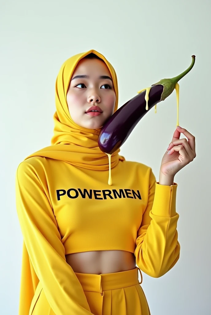 Beautiful Korean woman wearing a hijab, wearing a yellow crop top with the words "POWERMEN", right hand holding a long eggplant, at the end of the eggplant there are drops of condensed milk, left hand looking up, white begron
