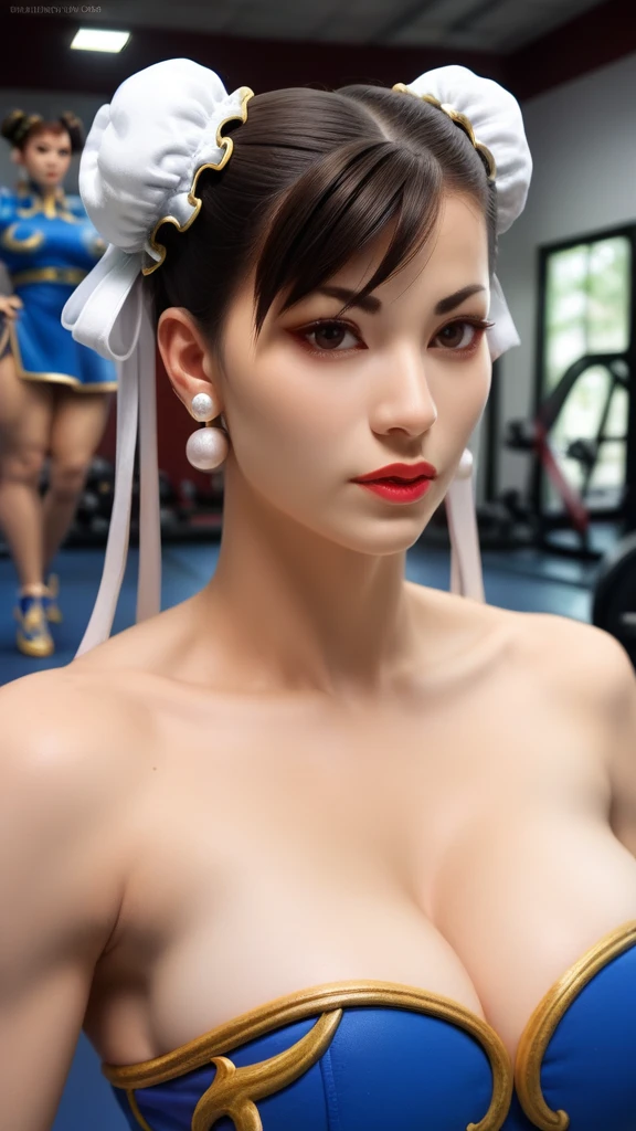 a cartoon picture of a woman in a blue dress with a gold ring, portrait of chun - li, portrait of chun li, chun li, thicc, chun - li, chun-li, commission for high res, highly detailed exquisite fanart, chun li at the gym, royal elegant pose, extremely detailed artgerm, thick neck, high quality colored sketchSeios, 