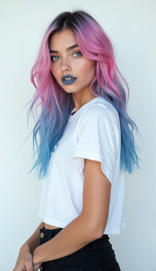 a medium-angle shot of a young woman stands against a stark white backdrop. She is dressed in a white t-shirt and black pants, her hair cascades over her shoulders. Her eyes are a piercing blue, adding a pop of color to her face. Her hair is a vibrant shade of pink and blue, while her lips are a darker shade of blue. Her hands are clasped in front of her, adding texture to the composition.