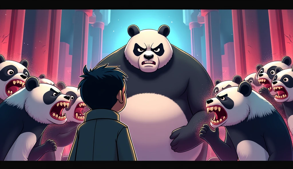 Illustrate a dramatic cartoon scene where Pandu’s father, a panda with a serious expression, speaks to Pandu. The guardian pandas around them should also be in an animated style, with expressive faces and exaggerated features to highlight their roles as guardian spirits. Use strong contrasts and clear outlines to emphasize the cartoonish look.