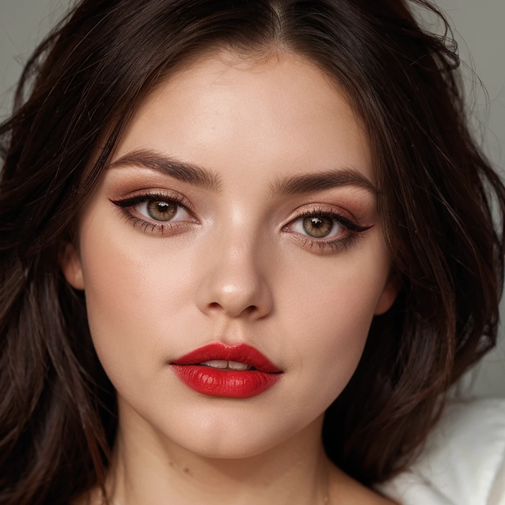 There is a woman with long hair and red lipstick, gorgeous attractive face, beautiful and attractive face, face with full makeup,