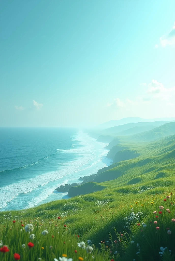 "Create a hyper-realistic image of an ocean with dynamic waves moving forward. The background should feature lush, expansive meadows with no mountains, stones, rocks, or other structures. The sky should be a gradient of blue and aqua colors, with no sun or moon present. Ensure the scene evokes tranquility and natural beauty."