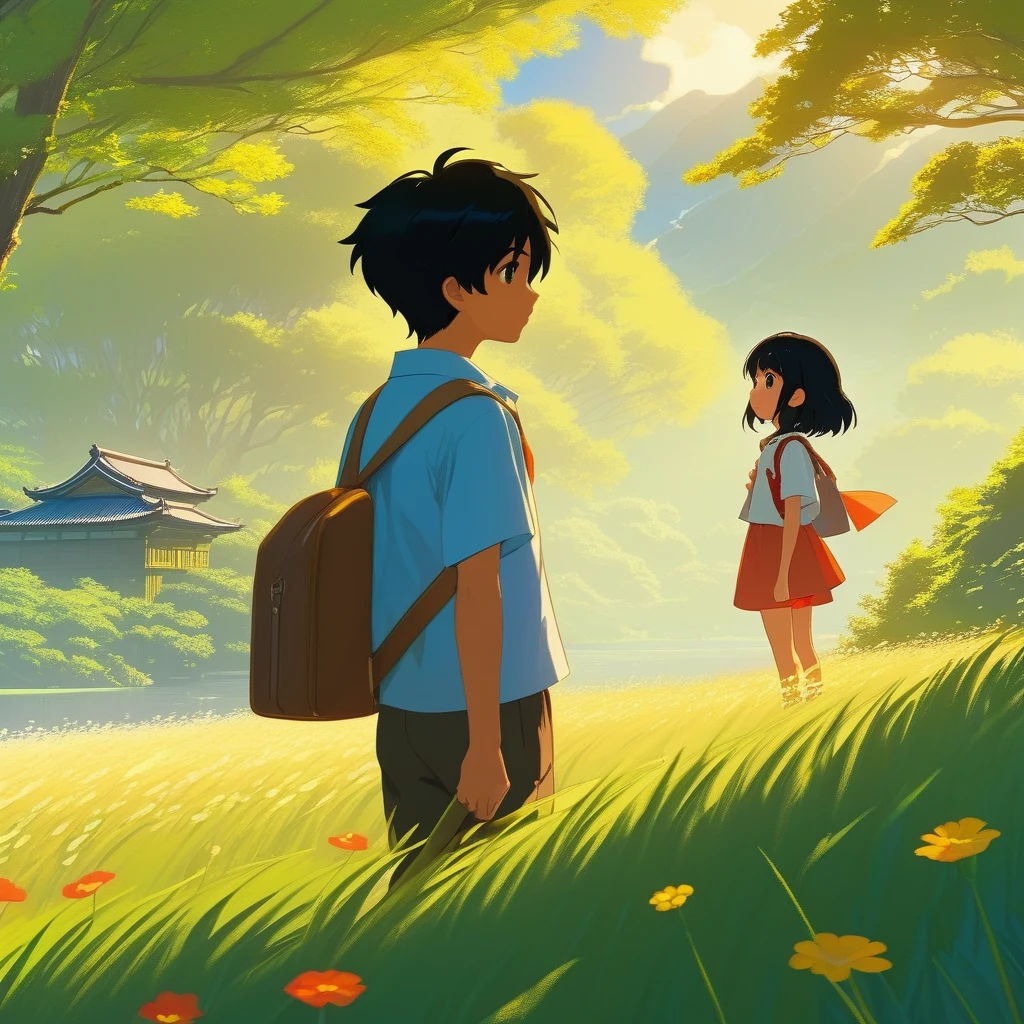 young black haired boy, talks, cute young girl standing, wearing cute clothes,
anime, hd anime, anime scene, makoto shinkai. —h 2160,
anime, makoto shinkai style, makoto shinkai style,
anime movie, neo, makoto shinkai of studio ghibli, background.
nature painting, flying, whimsical fantasy landscape art, magical world. colorful.