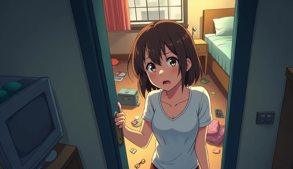 solo,Perfect body,Yuuki Mikan,Perfect limbs ,1 person,Small breasts,Sideboob,Nipple peek,(Embarrassing,blush,),Loose tank top,Micro Mini Skirt,,In the living room,I spy on a man holding me from behind and having cheating sex with me standing up,From the side,Looking into the living room through the gap in the door
