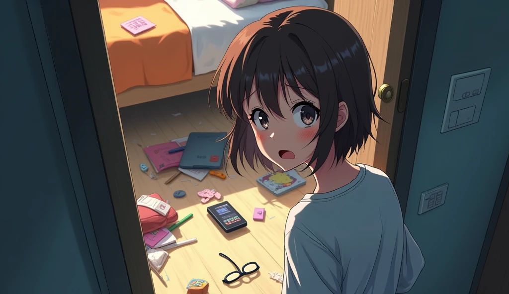 An anime image of a young woman with short brown hair opening the door to her dorm room to find a mess inside. Items are scattered all over the floor and the door is open. Amidst the mess, a pair of glasses are found on the floor. The young woman begins to look aware of the unusual event and shows a shocked and worried expression as she surveys the situation."