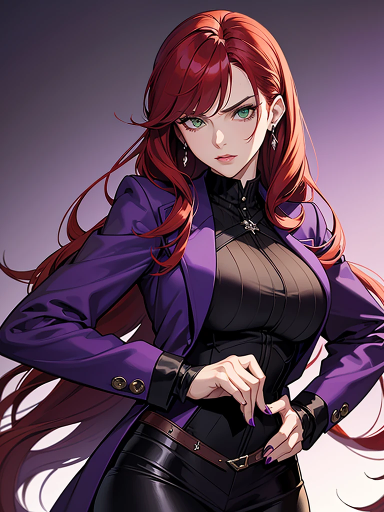 green eyes, red hair with long bangs, noble. sadistic women, wavy long hair. strong woman. purple jacket. she quiet. wear purple and black outfit. background in luxury mansion. dominant woman. mafia. mature woman. girl boss. badass woman. gangster