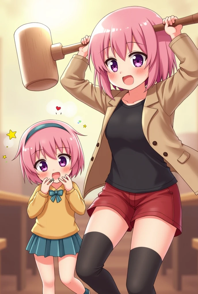 an anime girl with short pink hair and big, bright purple eyes, decorated with details such as stars and hearts. His expression is one of shyness or nervousness, with blushing cheeks, while holding a pencil between his lips. She is wearing the same school uniform as in the previous picture.: a light brown blazer with a red tie and a white shirt. The background suggests a warm and fuzzy atmosphere, possibly a classroom or cafeteria hugging a female character with pink hair, dressed in a beige jacket, a short black t-shirt, red shorts and black long socks. She holds a large wooden hammer in both hands. The character style is similar to that of a video game character or 3D animation., As Mother and Daughter