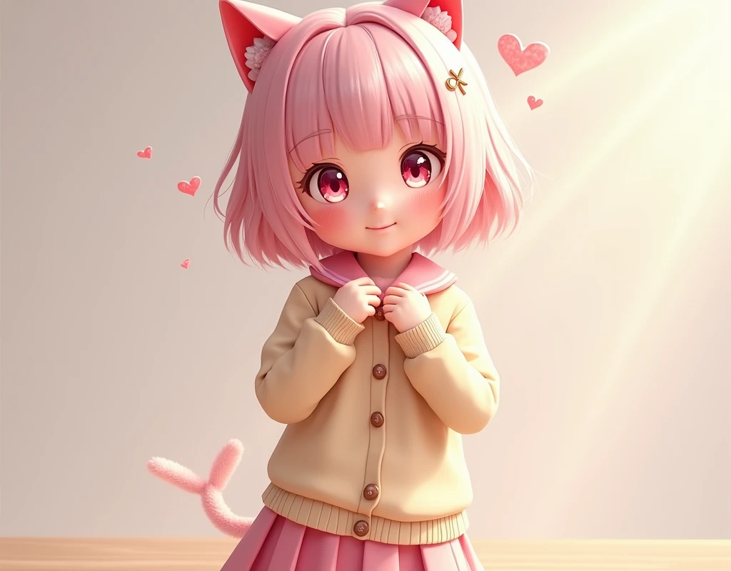 (masterpiece:1.2, Highest quality,Ultra-high resolution,Super detailed),8k,(wallpaper),(Photorealistic:2.0),(RAW Photos:2.0),(Plastic Models:2.0), short, Light pink hair、cardigan、Pink Skirt、Putting on a collar、、Very beautiful and Shining Eyes、Shining Eyes、1 person、Cat ear、(((((Small body)))))、heart❤、((Sweat、vapor))