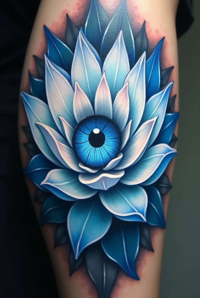 Get a tattoo of a white and blue lotus flower with petals that open and close in an endless cycle with a realistic blue eye in the center
