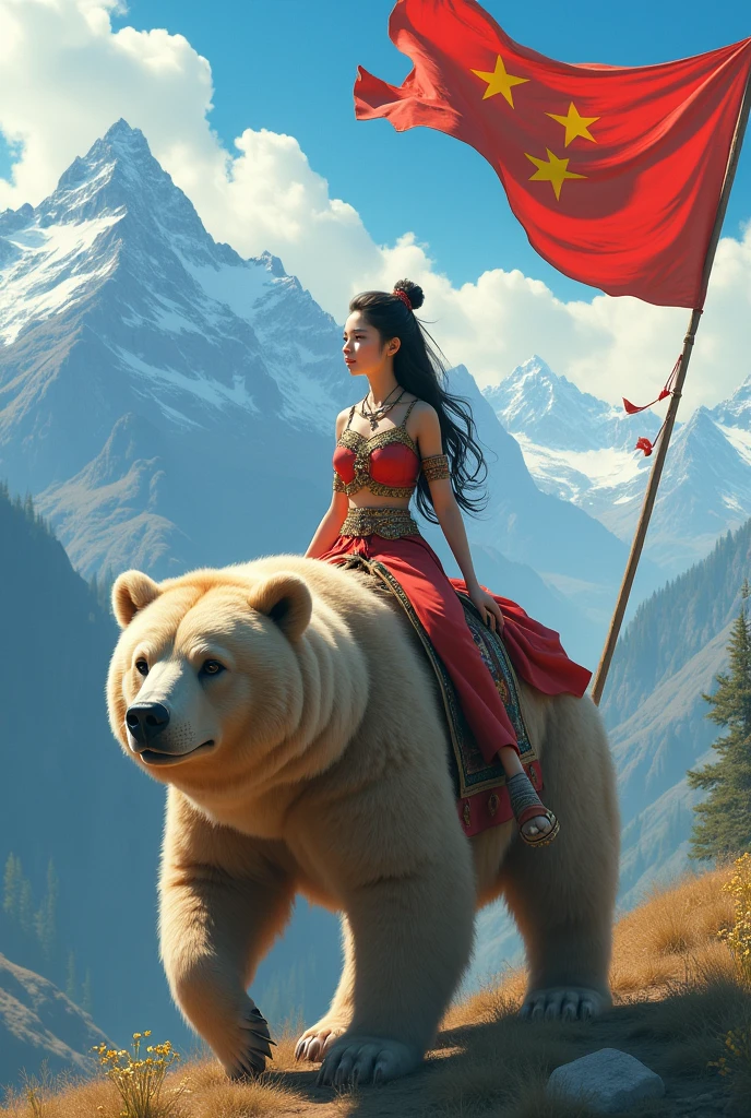 Beautiful girl sitting on a bear, and behind her there is a flag and beautiful mountains.