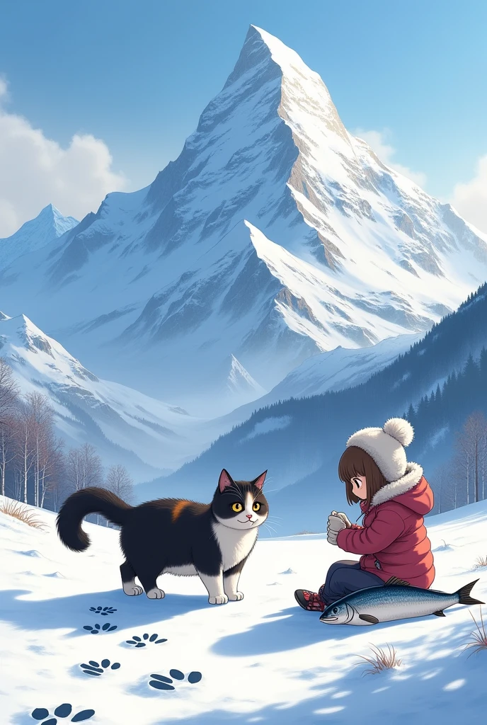 The mountain is high, there is white snow, the color of a Persian cat is walking in, big eyes, black, white, brown, 7 cat footprints behind, walking towards a girl, wearing thick winter clothes, sitting down. He rubbed his head with his hand, next to him were two mackerel, the picture was realistic, the shape was in proportion.