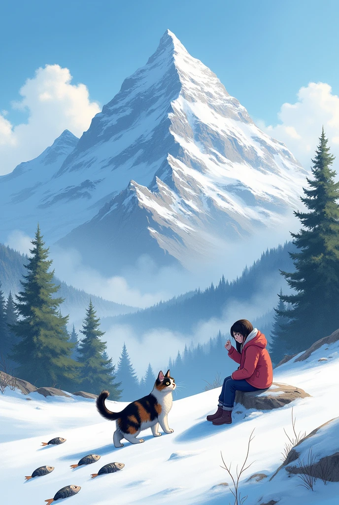 The mountain is high, there is white snow, the color of a Persian cat is walking in, big eyes, black, white, brown, 7 cat footprints behind, walking towards a girl, wearing thick winter clothes, sitting down. He rubbed his head with his hand, next to him were two mackerel, the picture was realistic, the shape was in proportion.