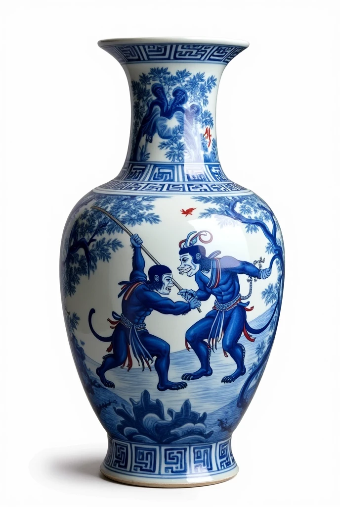 Jingdezhen ceramics,Vibrant and gorgeous ceramic vase,Detailed illustration of the fight between Sun Wukong and Yang Jian,Reference Black Myth,Blue and white porcelain,Blue with white and red accents,Complex design,Intricate details,Pure white background,Design process