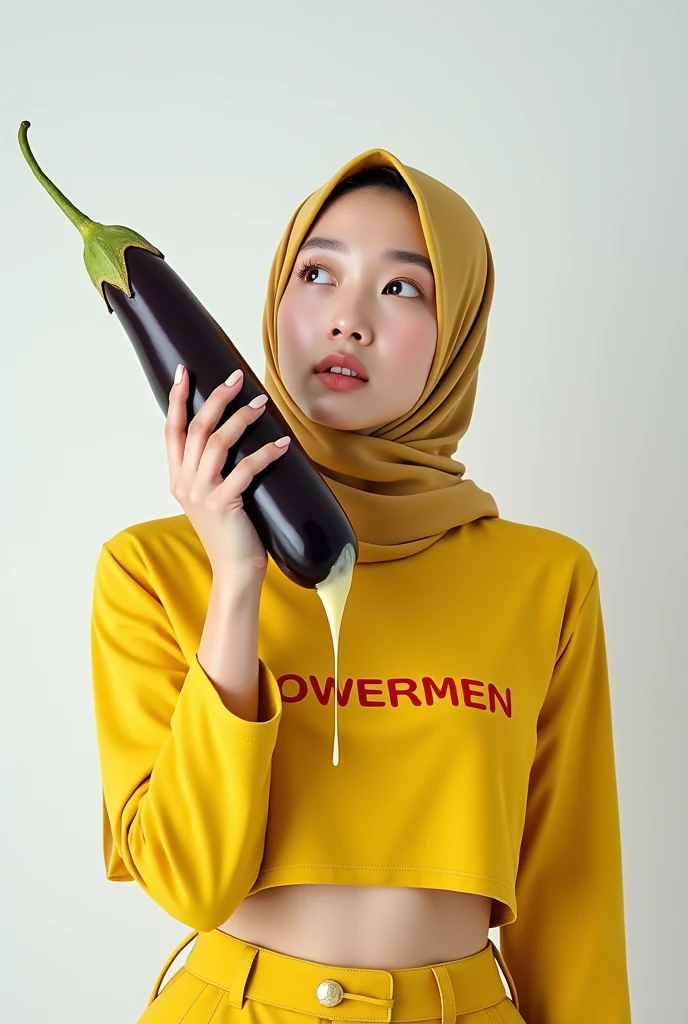 Beautiful Korean woman wearing a hijab, wearing a yellow crop top with the words "POWERMEN", right hand holding a long eggplant, at the end of the eggplant there are drops of condensed milk, left hand looking up, white begron