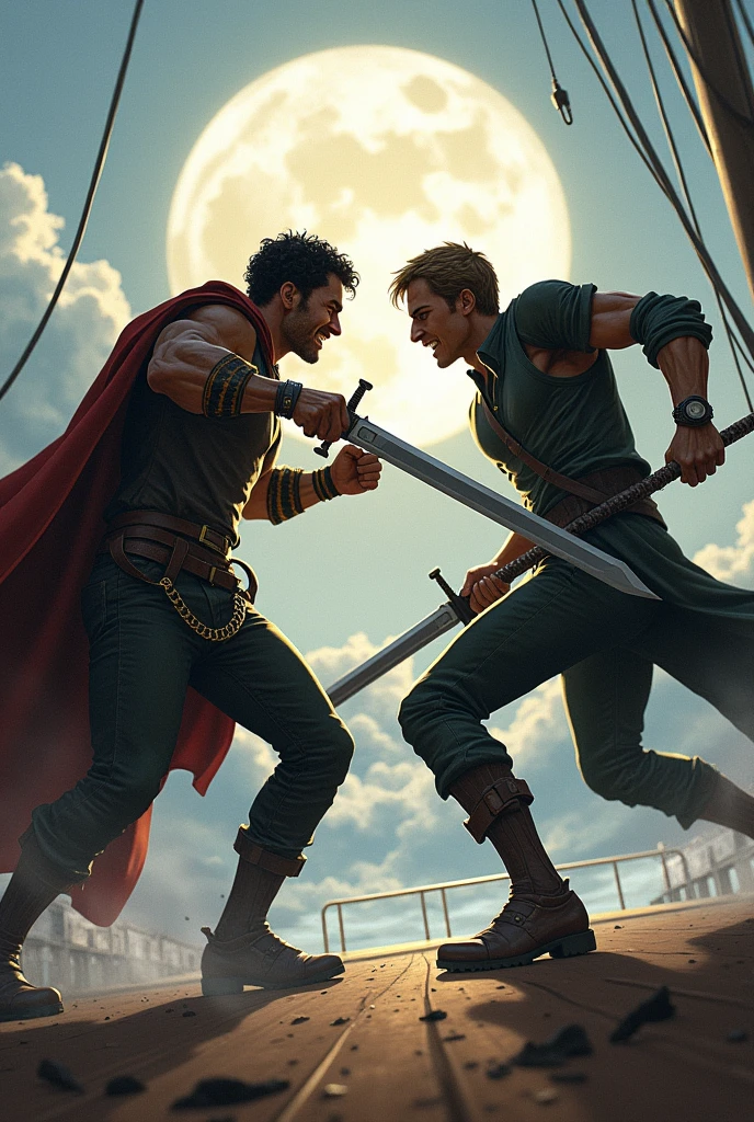 talk desenvainó su espada, ready for the showdown. He noticed a tension in his muscles., a need to vent pent-up fury.
The Compactor, with a mischievous smile, He pulled out his own gun: a curved sword. talk no perdió tiempo y se lanzó al ataque, initiating a series of rapid movements that the Compactor countered with agility.
─ No será tan fácil ─gruñó talk, keeping your guard up.
The Compactor, using his contraction ability, caused the space between them to shrink dramatically, obligando a talk a reaccionar rápido. With a precise movement, talk densificó el aire a su alrededor, allowing himself to move with agility and dodge the blow that would have been lethal..
The metallic sound of clashing swords echoed across the deck.. talk, feeling the pressure of the compactor, He used his skill to make his sword heavier at the moment of impact, managing to destabilize his opponent. But the Compactor was not intimidated., and with a gesture, contracted the space between them again, empujando a talk hacia atrás.
─ You are good, But not enough, said the Compactor., lanzándose hacia talk con una serie de ataques veloces.
talk bloqueó cada uno, taking advantage of every opportunity to counterattack. In a moment of distraction from the Compactor, talk creó una pequeña burbuja de oscuridad a su alrededor, distorsionando la percepción del espacio que tenía el compactador y permitiendo a talk dar un golpe preciso en su costado.
The Compactor gruñó de dolor, taking a step back. But instead of giving up, intensified its power, contrayendo el espacio con más fuerza y atrapando a talk en un área reducida. talk sintió la presión incrementarse, hindering their movements. However, He remained calm and thickened his sword, increasing its mass to be able to break the invisible barrier that the Compactor had created. With a cry of effort, talk se liberó de la contracción espacial y at