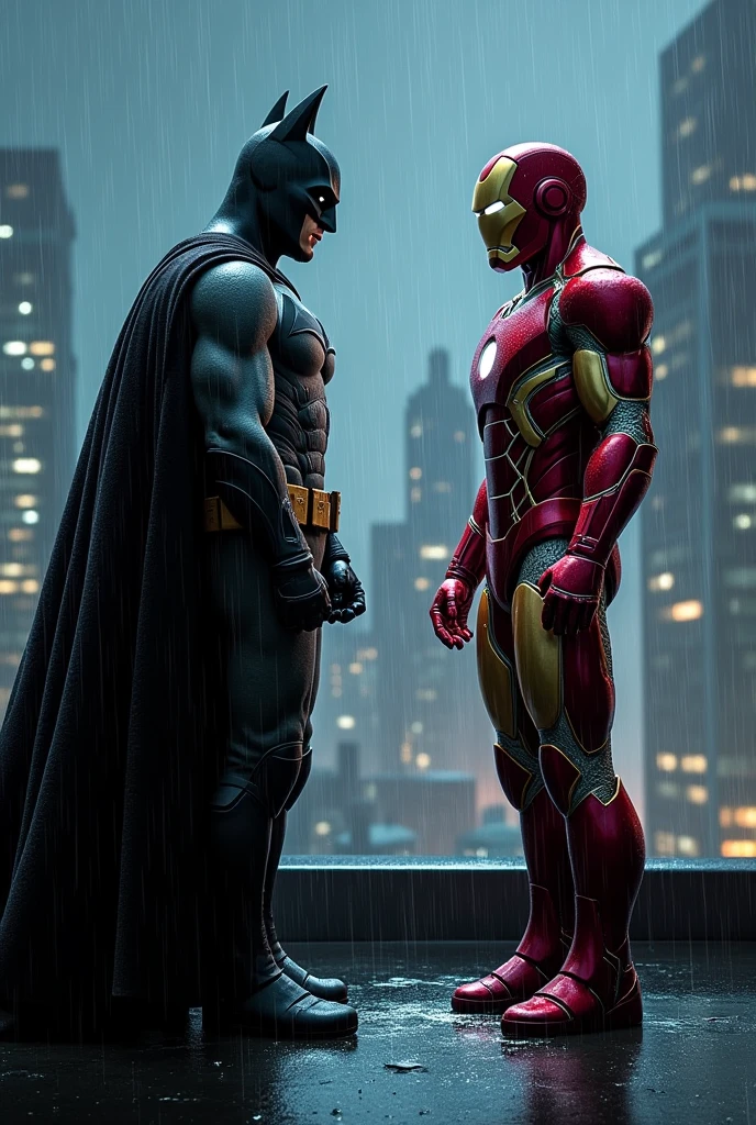 In a rainy night of New York city background batman and iron man stand next to each other on a roof 