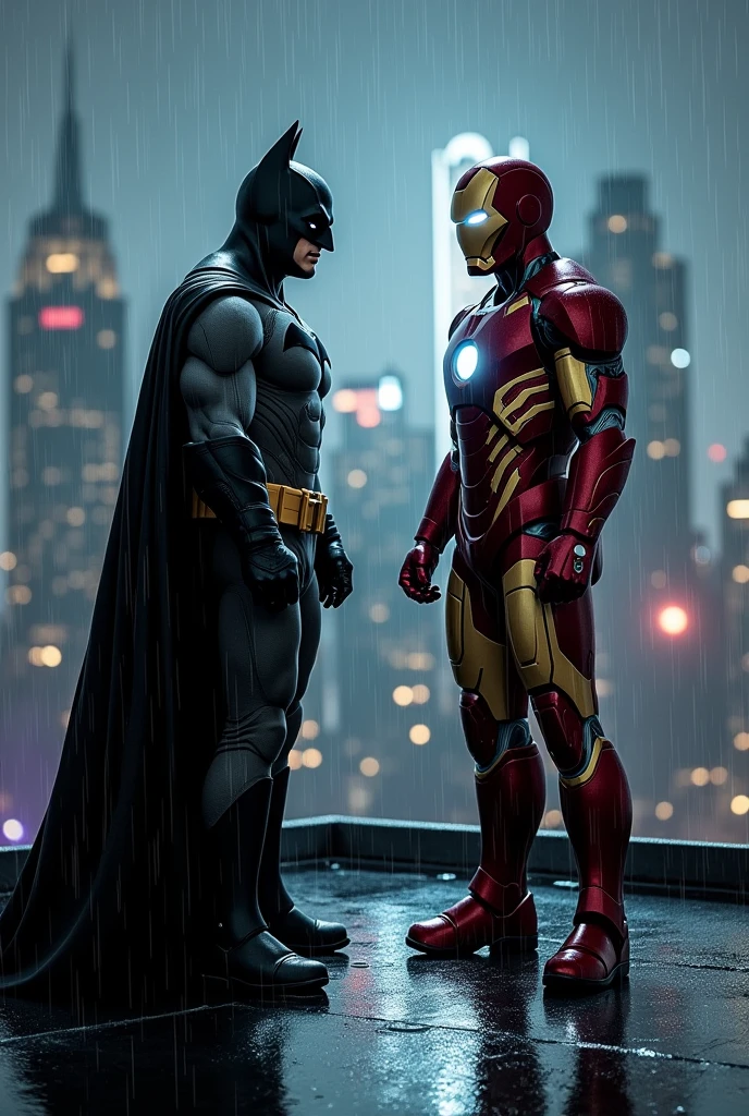 In a rainy night of New York city background batman and iron man stand next to each other on a roof 