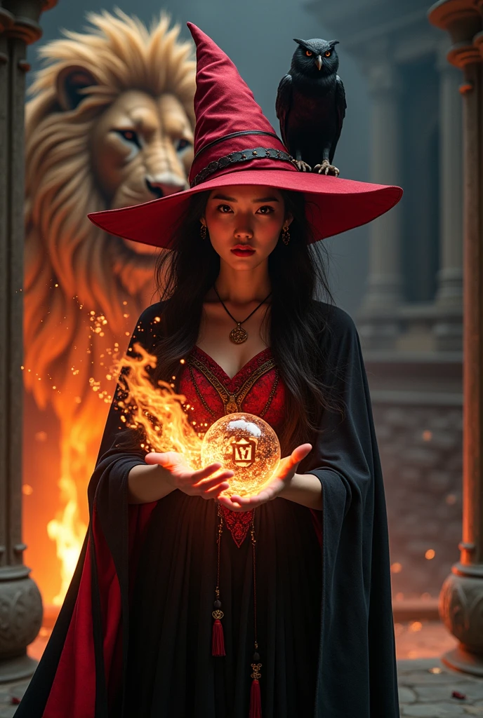 photograph, asian woman, white skin, Facing straight, Half-body image size, Fluffy black hair, Long slender fingers, Black witch cloak, Red Hat, Inside is a red dress., There is a fireball in the hand., The letters VOGA Gryffindor are floating in the fireball., Several red sparks and red smoke shot out of his hands.., A black owl stands on the right shoulder.., A large golden lion appears from the rear left.., The background is an old black European-style castle.