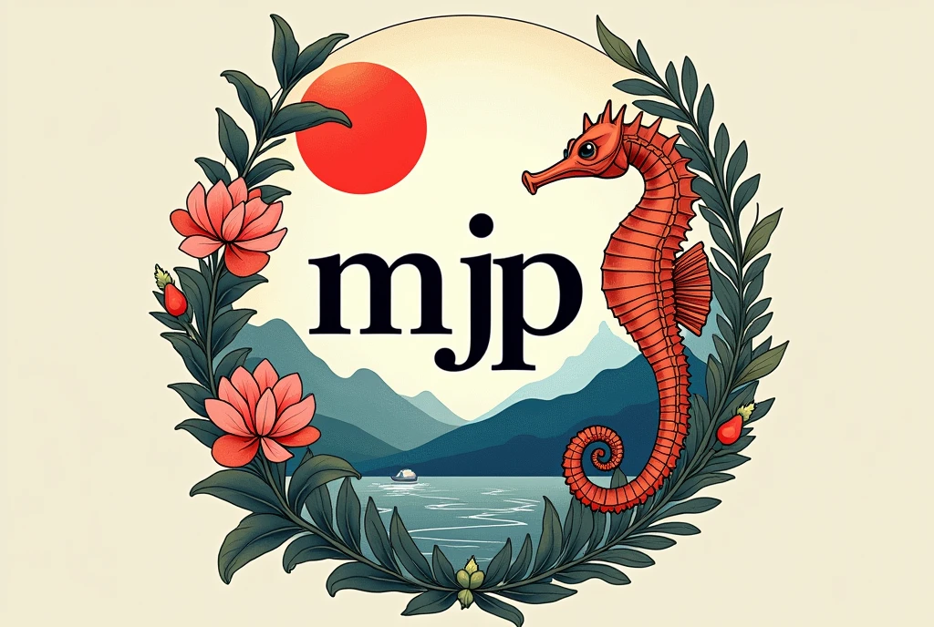 A logo design was created with the letters MJP in the center.。Japanese style、Seahorse Design. Japanese style、high quality, A luxurious image. In the center is a map of Japan、Malaysia map hidden、Ocean、Mountain、All designs are framed in a gorgeous 7-color floral design。Highest quality