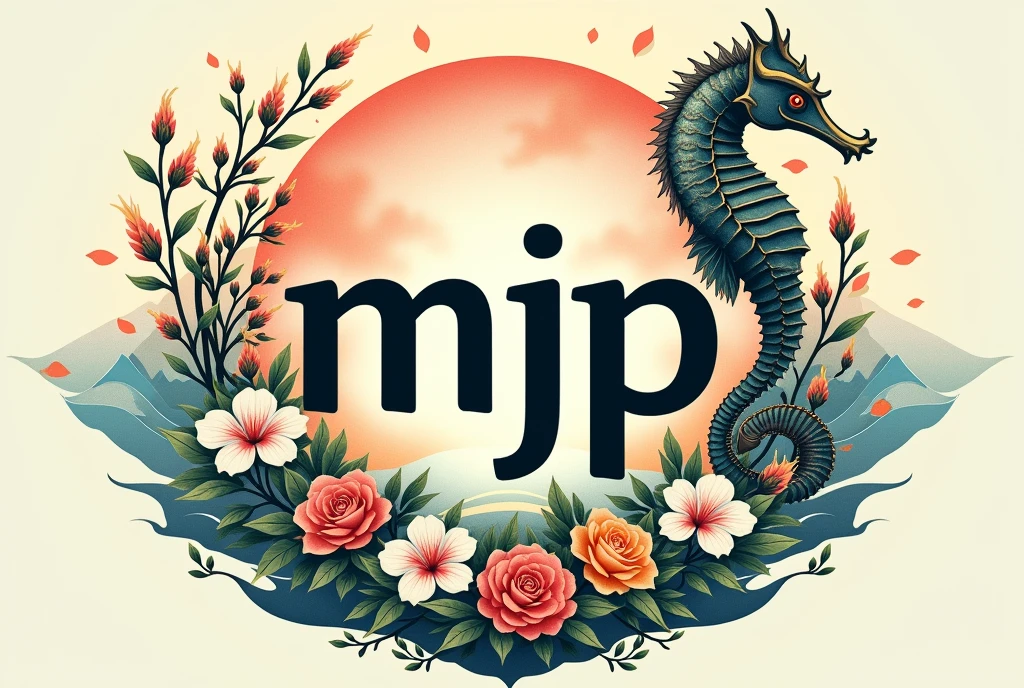 A logo design was created with the letters MJP in the center.。Japanese style、Seahorse Design. Japanese style、high quality, A luxurious image. In the center is a map of Japan、Malaysia map hidden、Ocean、Mountain、All designs are framed in a gorgeous 7-color floral design。Highest quality