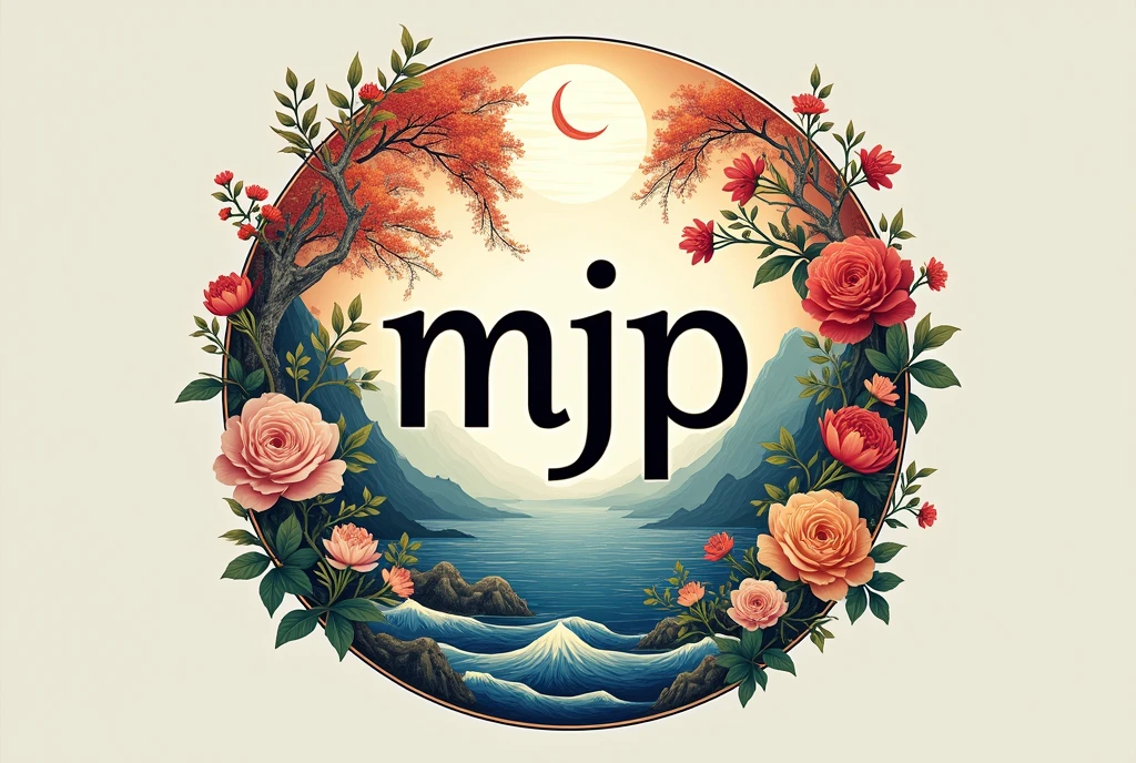 A logo design was created with the letters MJP in the center.。Japanese style、Seahorse Design. Japanese style、high quality, A luxurious image. In the center is a map of Japan、Malaysia map hidden、Ocean、Mountain、All designs are framed in a gorgeous 7-color floral design。Highest quality