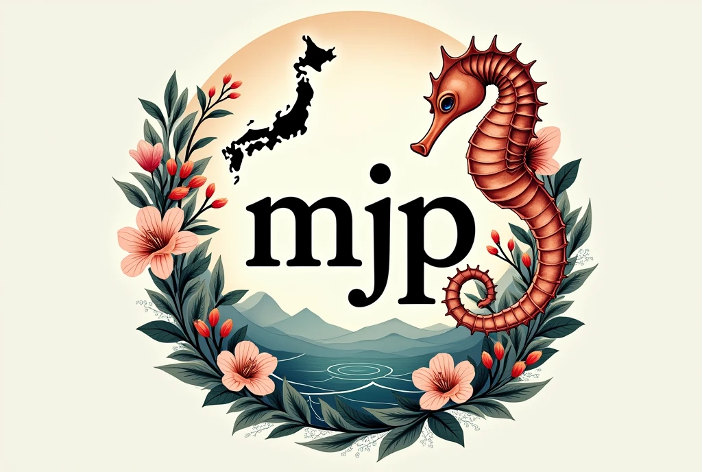 A logo design was created with the letters MJP in the center.。Japanese style、Seahorse Design. Japanese style、high quality, A luxurious image. In the center is a map of Japan、Malaysia map hidden、Ocean、Mountain、All designs are framed in a gorgeous 7-color floral design。Highest quality