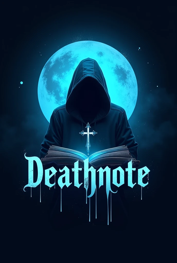This is a gaming logo that features the name “DEATHNOTE ” in a futuristic font and a blue color. and scary gost avtar, The logo also has a stylized book icon and a opne book background. The logo is designed to be attractive and eye-catching, and to appeal to gaming enthusiasts and YouTube viewers.