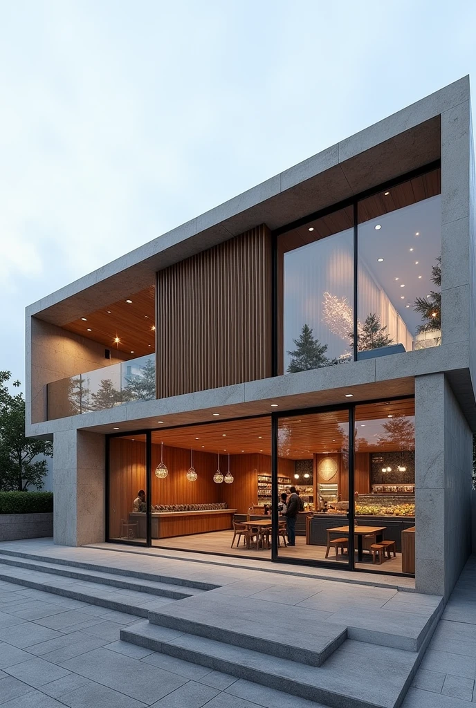 Fast food outdoor design in the city of Tehran, Iran, with a cold climate, in the style of modern and minimal and irani architecture
